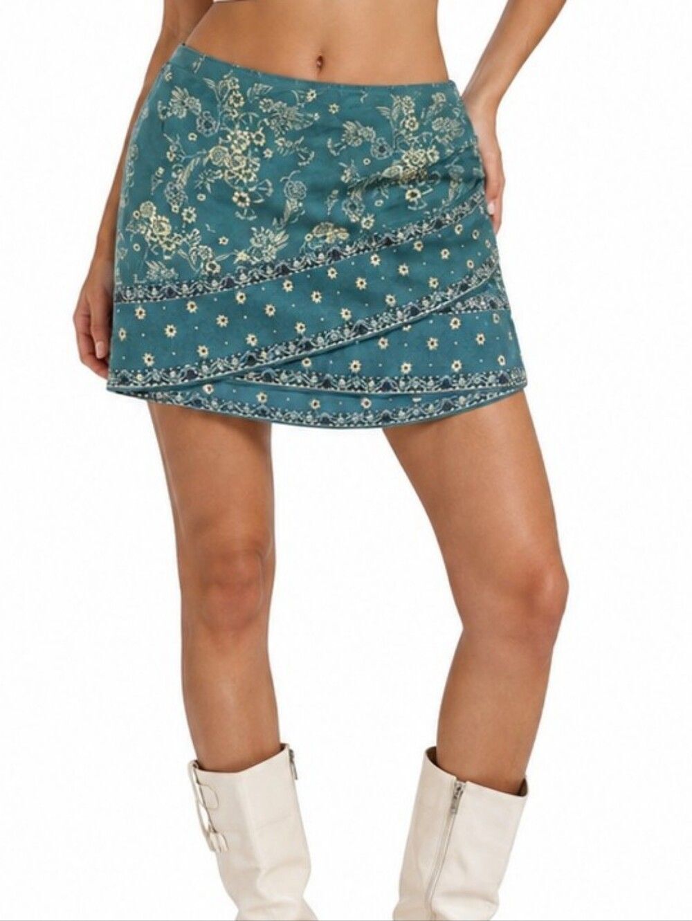 Free People Y2K Teal Floral Wrap Mini Skirt Boho Size 0